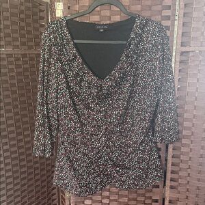 George Black Floral Ruched V-Neck Blouse with Red and White Accents